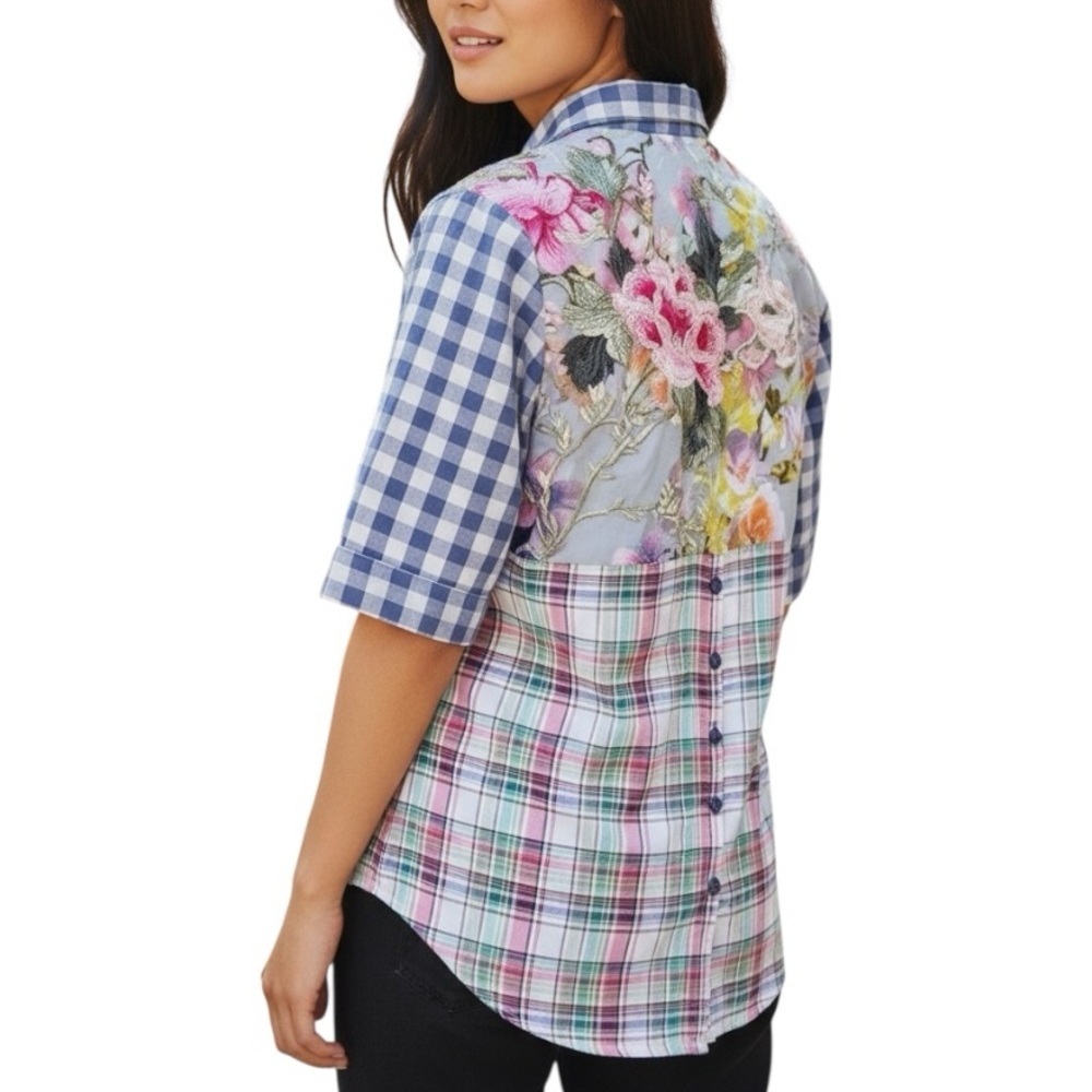 Aratta Small Plaid Floral Embroidered Button Up Shirt Boho Casual Long Length